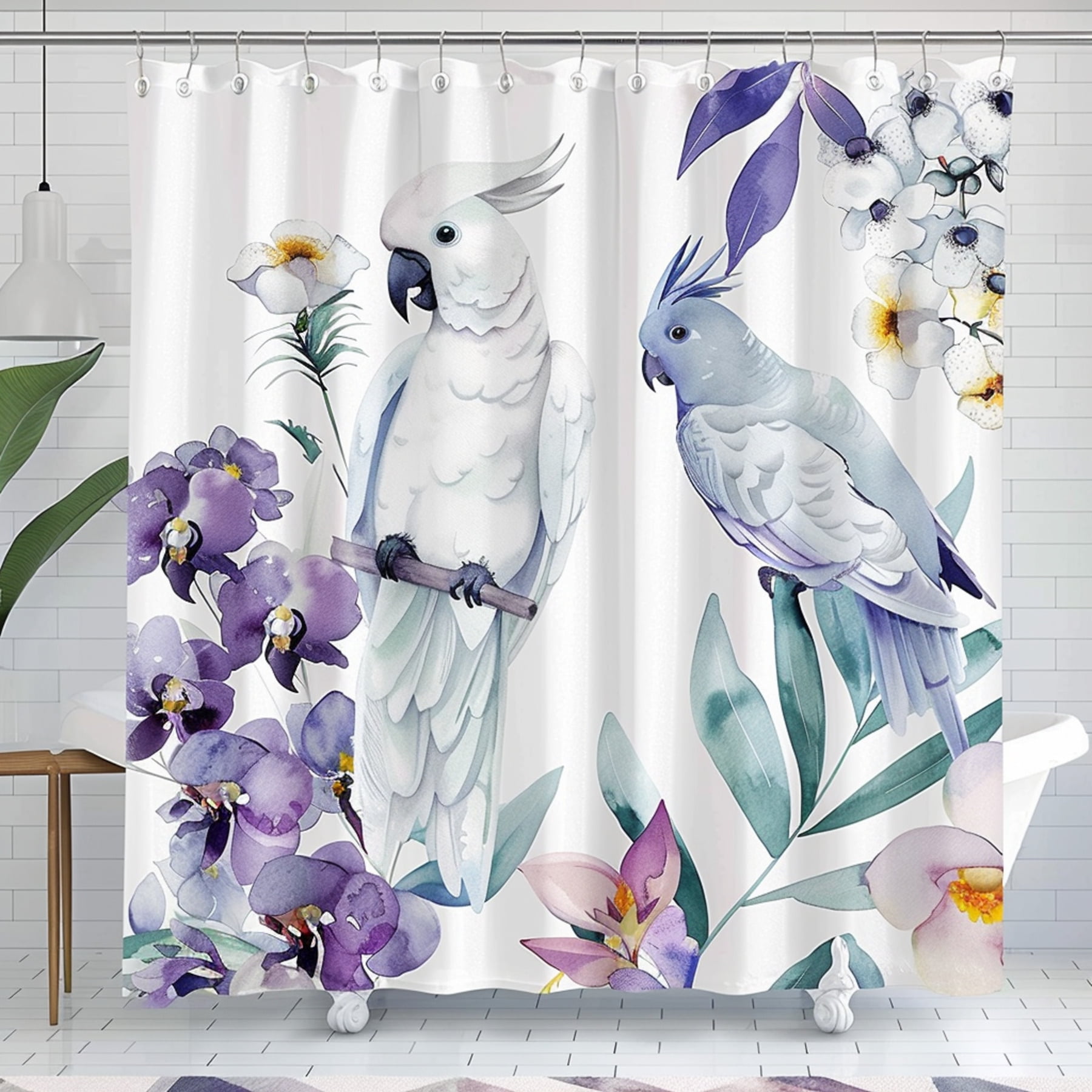 Bohostyle shower curtain with watercolor cockatoo and tropical leaves ...