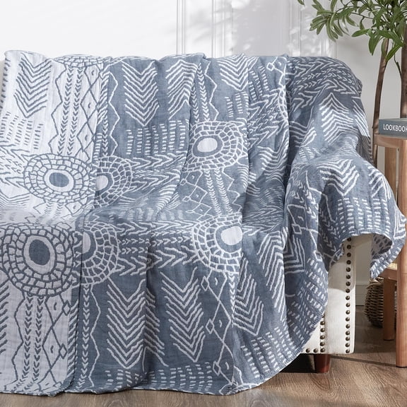 Bohoton Muslin 50x60 Throw Blanket Lightweight 3-layer Blue Washable Reversible Breathable Decorative Geometric Striped Patterned Soft Cozy For Sofa Bed All Season Gift