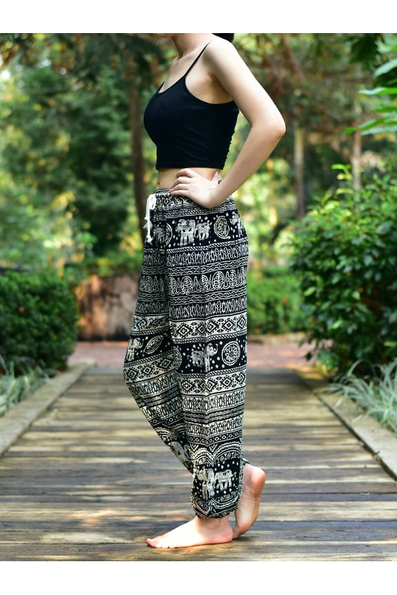 Black Elephant Calf Print Womens Harem Pants Tie Waist S/M to 3XL