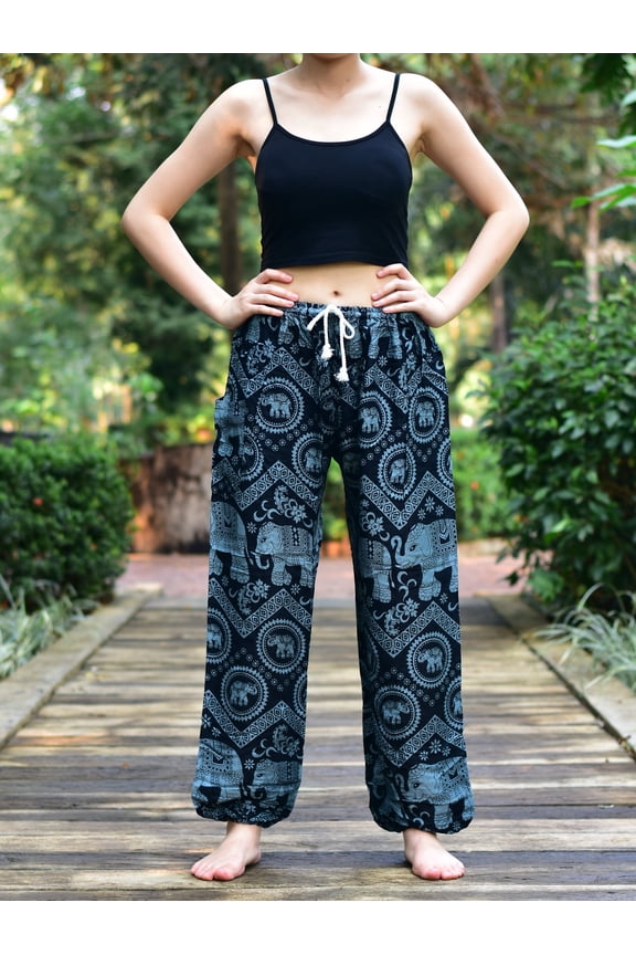 Black Elephant Tusker Print Womens Harem Pants Tie Waist S/M to L/XL