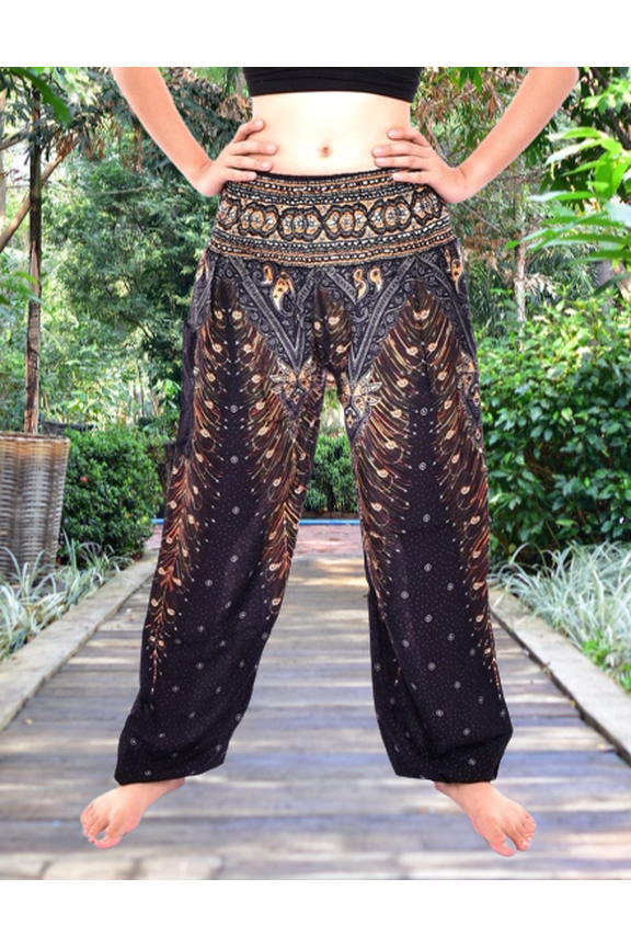 Black & Gold Peacock Print Elasticated Smocked Waist Womens Harem Pants S/M to L/XL