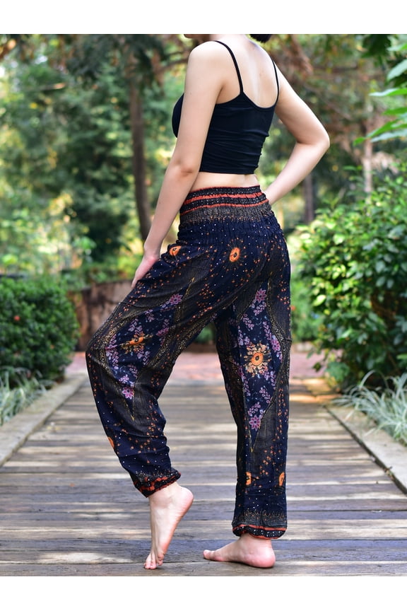 Black Moonshine Print Elasticated Smocked Waist Womens Harem Pants S/M