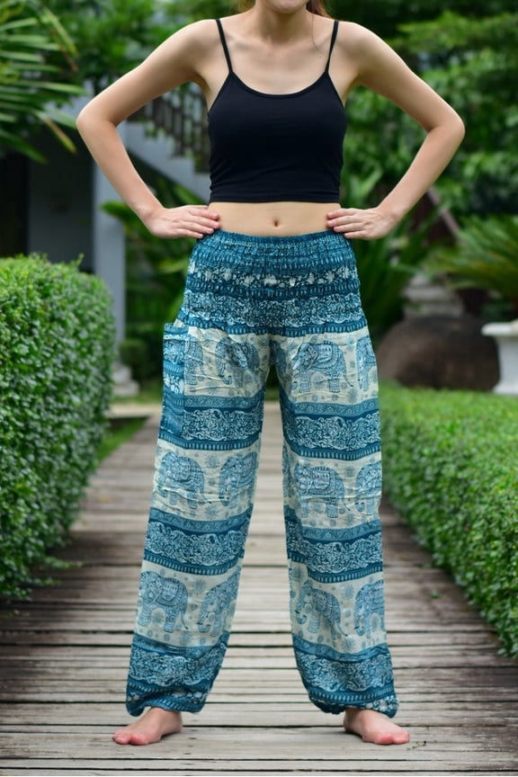 Green Elephant Herd Print Elasticated Smocked Waist Womens Harem Trousers S/M Only