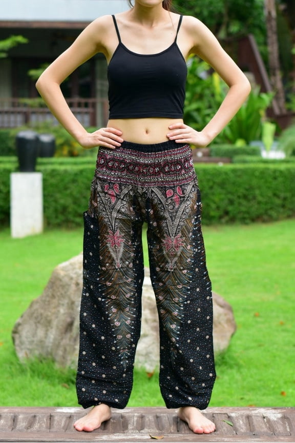 Kids Black & Gold Peacock Elasticated Smocked Waist Harem Pants (9 - 12 Years)