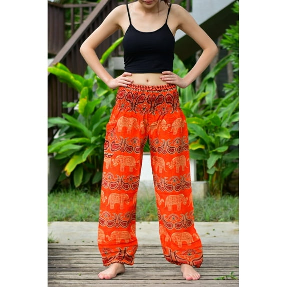 Bohotusk Kids Orange Elephant Grassland Elasticated Smocked Waist Harem Pants (9 - 12 Years)