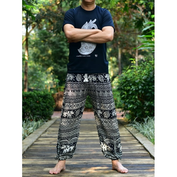 Bohotusk Mens Black Elephant Calf Harem Pants Cord Tie Waist M/L to 2XL