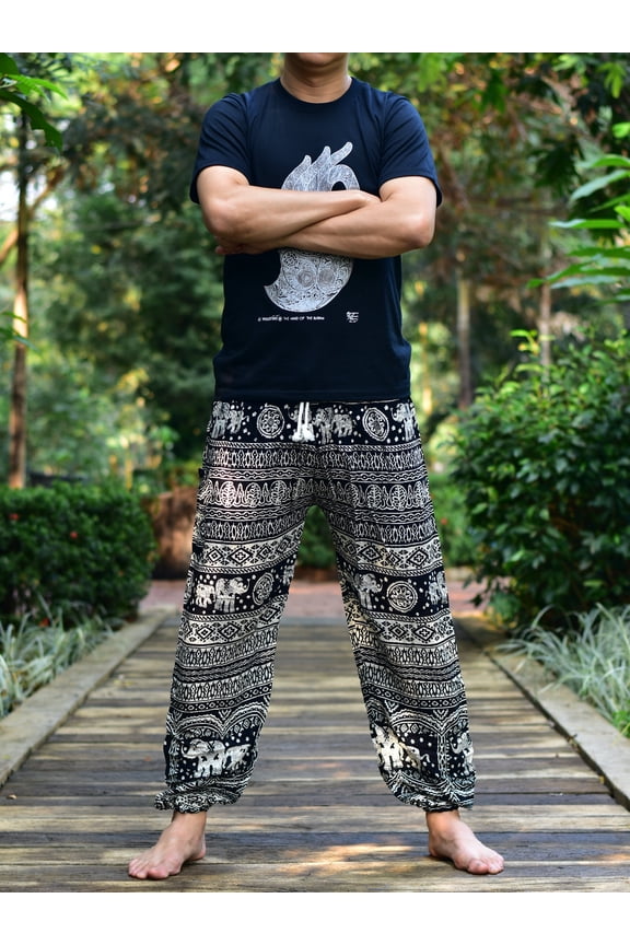 Mens Black Elephant Calf Harem Pants Cord Tie Waist M/L to 2XL