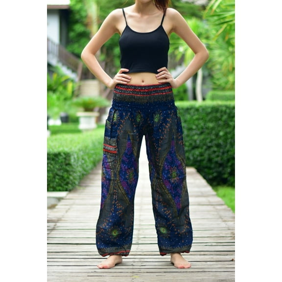 Bohotusk Navy Blue Moonshine Print Elasticated Smocked Waist Womens Harem Pants S/M to 3XL