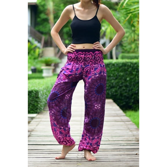 Bohotusk Purple Ink Splash Print Elasticated Smocked Waist Womens Harem Pants S/M to 4XL