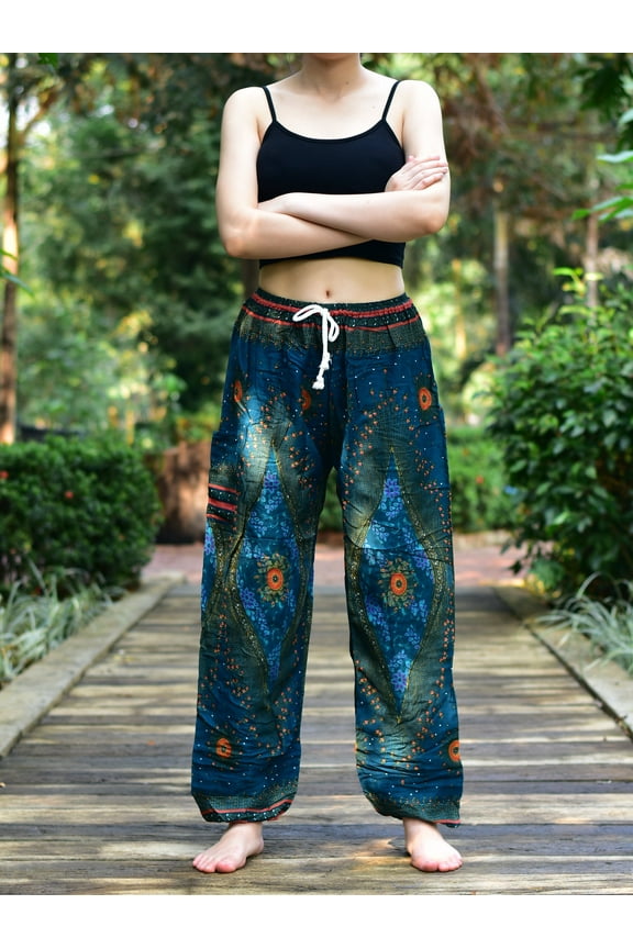 Teal Moonshine Print Womens Harem Pants Tie Waist S/M to 3XL