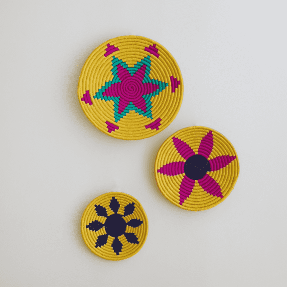 Bohovana Wall Decor Baskets, Handwoven, Yellow and Pink, Set of 3