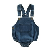 Boiiwant Baby Girls Boys Denim Romper Sleeveless Square Neck Button Closure Solid Color Bodysuit with Pocket Casual Suspender Jean Jumpsuit Tops for Infant 0-24M