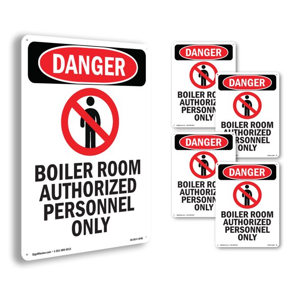 Boiler Room Authorized OSHA Danger Aluminum Sign 18 Inch x 12 Inch - 5 Pack