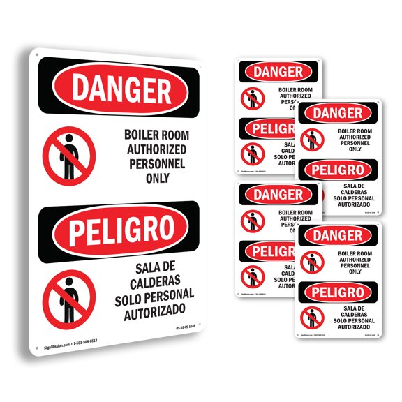 Boiler Room Bilingual OSHA Danger Rigid Plastic Sign 18 Inch x 12 Inch - 5 Pack