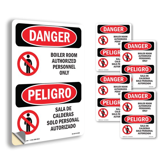 Boiler Room Bilingual OSHA Danger Vinyl Decal Label 5 Inch x 3.5 Inch - 5 Pack