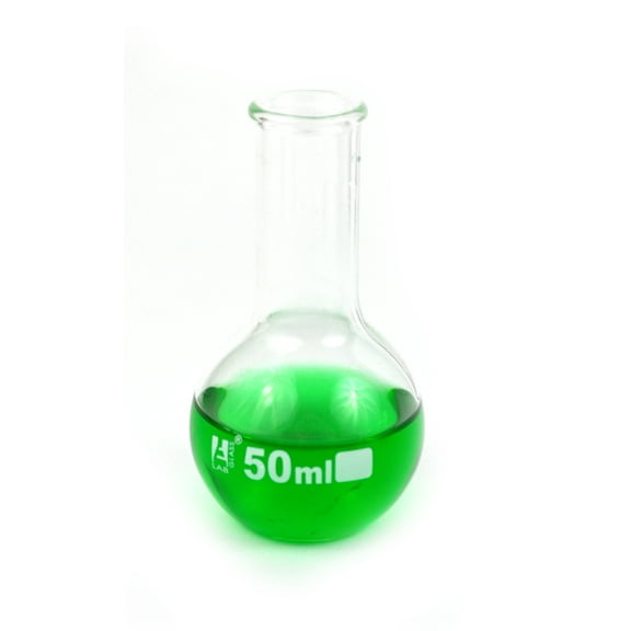 Boiling Flask, 50ml - Borosilicate Glass - Flat Bottom, Narrow Neck - Eisco Labs