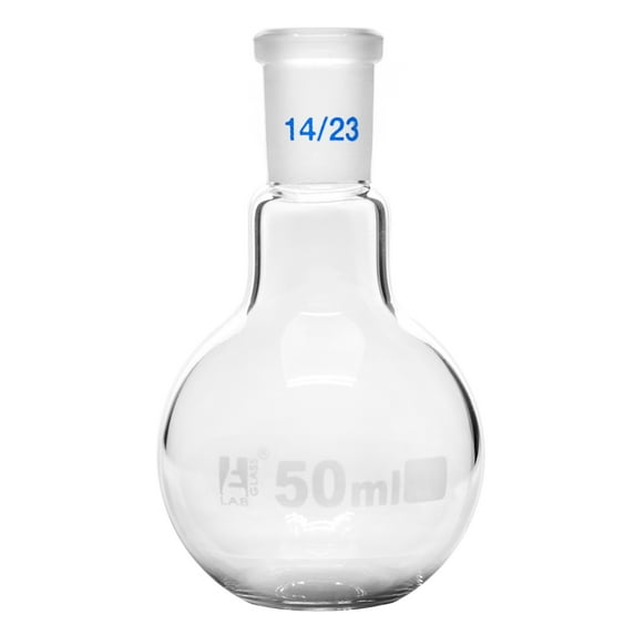 Boiling Flask with Joint, 50ml - Socket Size 14/23 - Flat Bottom, Interchangeable Joint - Borosilicate Glass - Eisco Labs