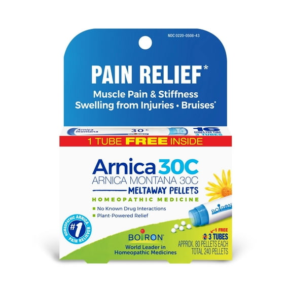 Boiron Arnica Montana 30C Bonus Pack, Homeopathic Medicine for Pain Relief, Muscle Pain & Stiffness, Swelling from Injuries, Bruises, 240 Pellets