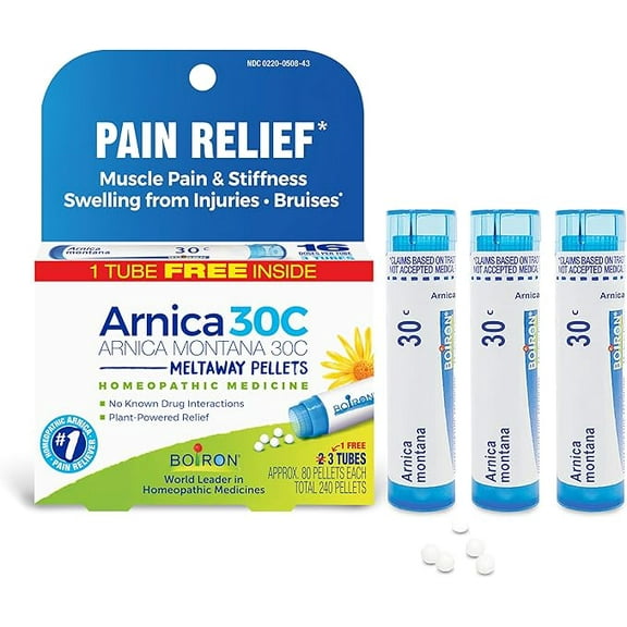 Boiron Arnica Montana 30C Homeopathic Medicine for Relief from Muscle Pain, Muscle Stiffness, Swelling from Injury, and Discoloration from Bruises - 3 Count (240 Pellets)