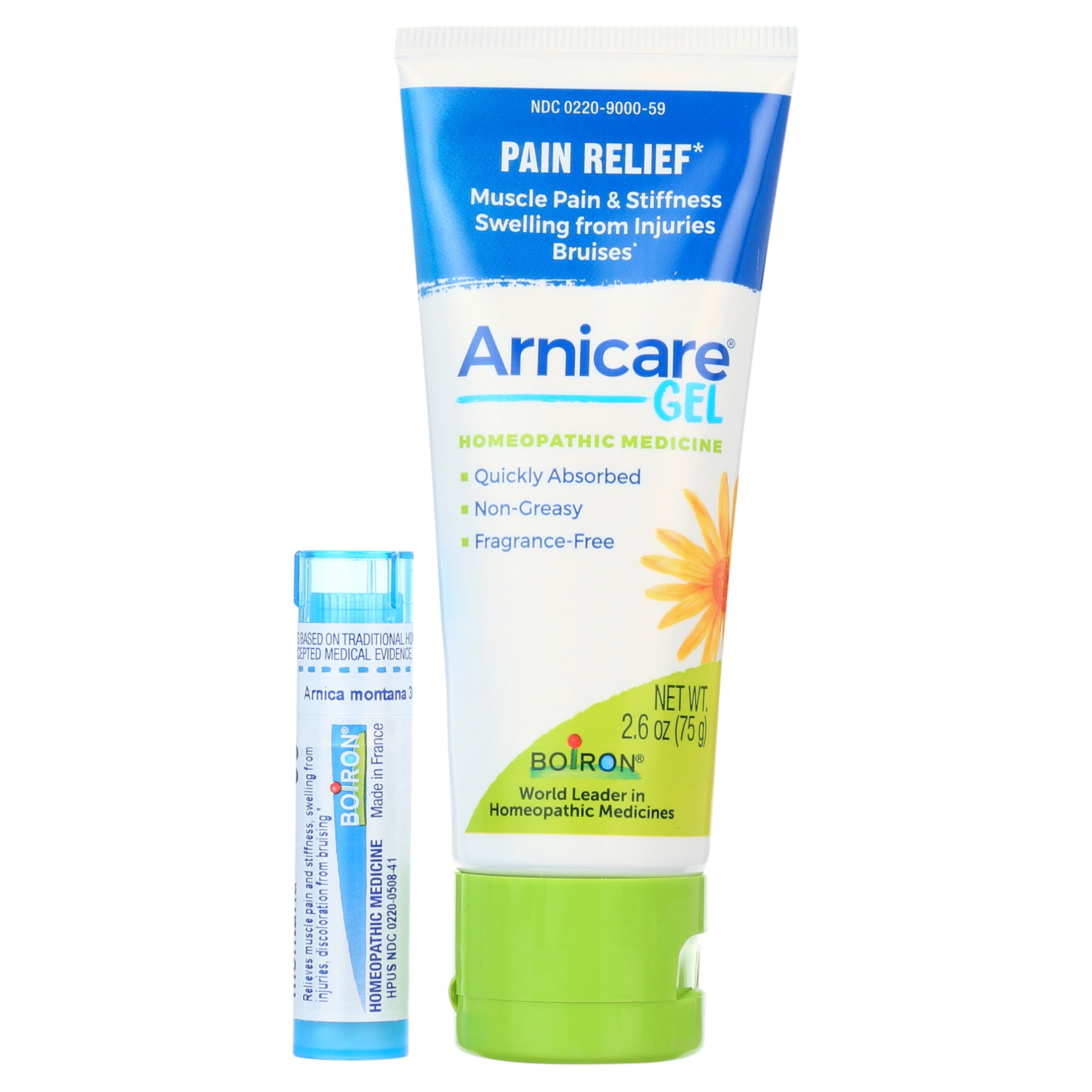 Boiron Arnicare Gel and Arnica Montana 30C, Homeopathic Medicine for Pain Relief, Muscle Pain & Stiffness, Swelling from Injuries, Bruises, 2.6 oz Gel and 80 Pellets Value Pack