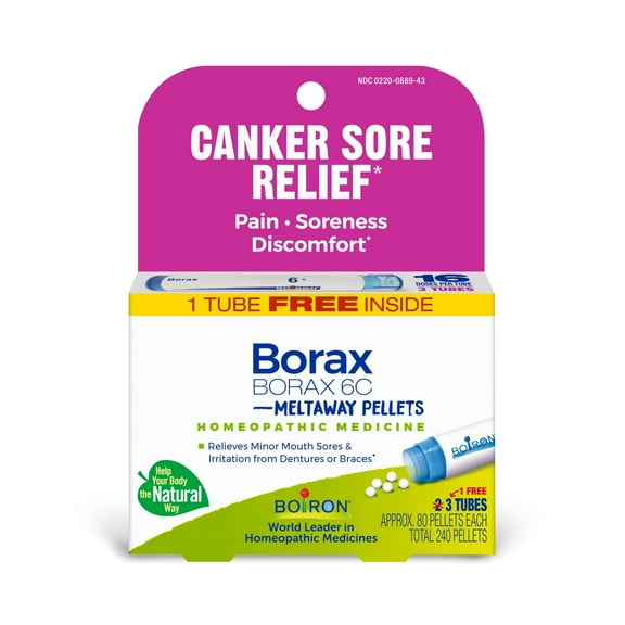 Boiron Borax 6C Bonus Pack, Homeopathic Medicine for Canker Sore Relief, Pain, Soreness, Discomfort, 240 Pellets