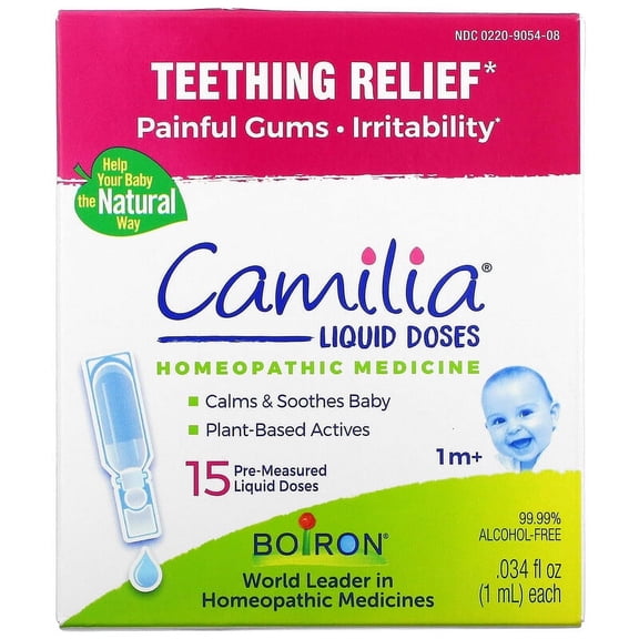 Boiron, Camilia, Teething Relief, 1 Months & Up, 15 Pre-Measured Liquid Doses, .034 fl oz Pack of 4