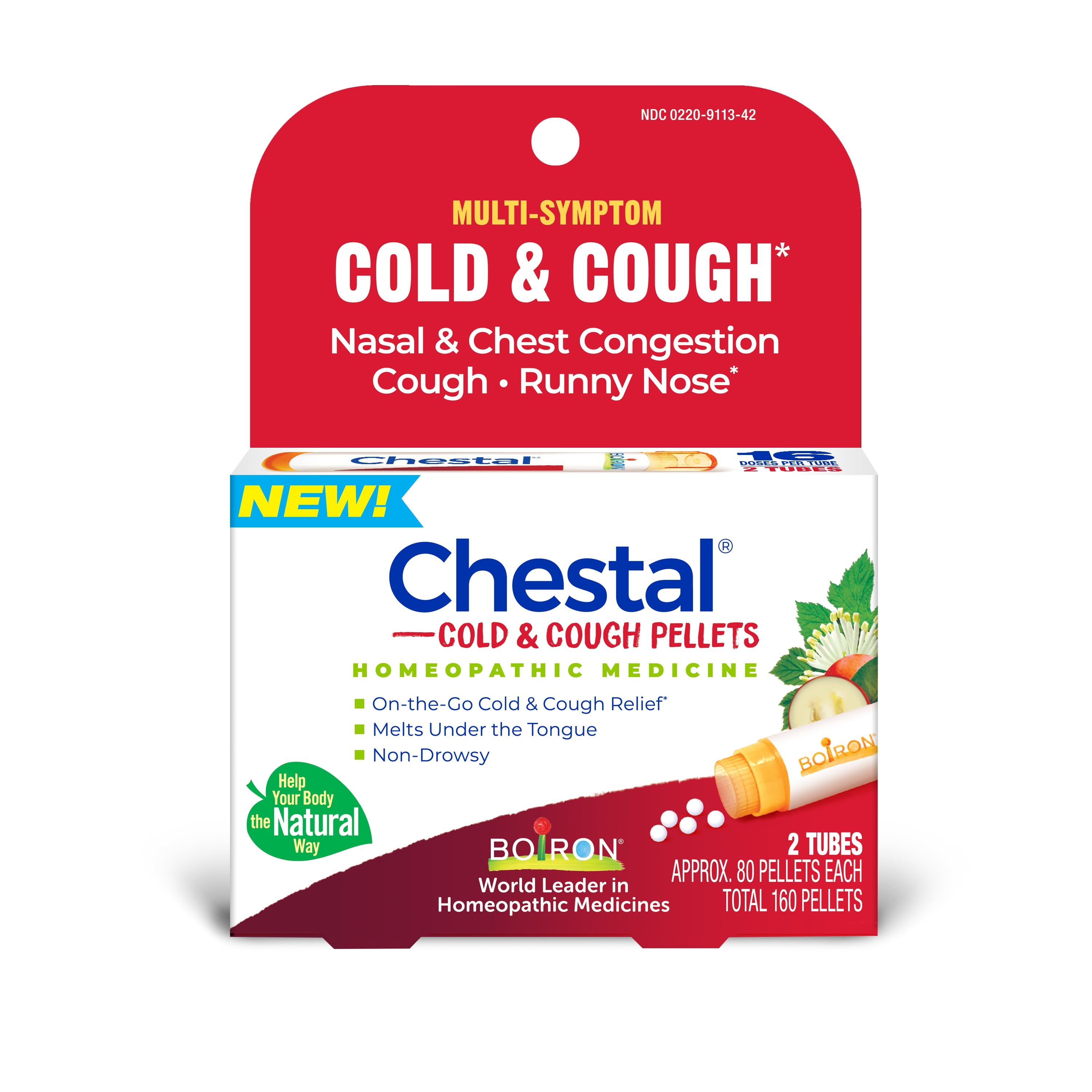 Boiron Chestal Adult Pellets, Homeopathic Medicine for Cold & Cough Relief, Nasal & Chest Congestion, Cough, Runny Nose, 2 x 80 Meltaway Pellets