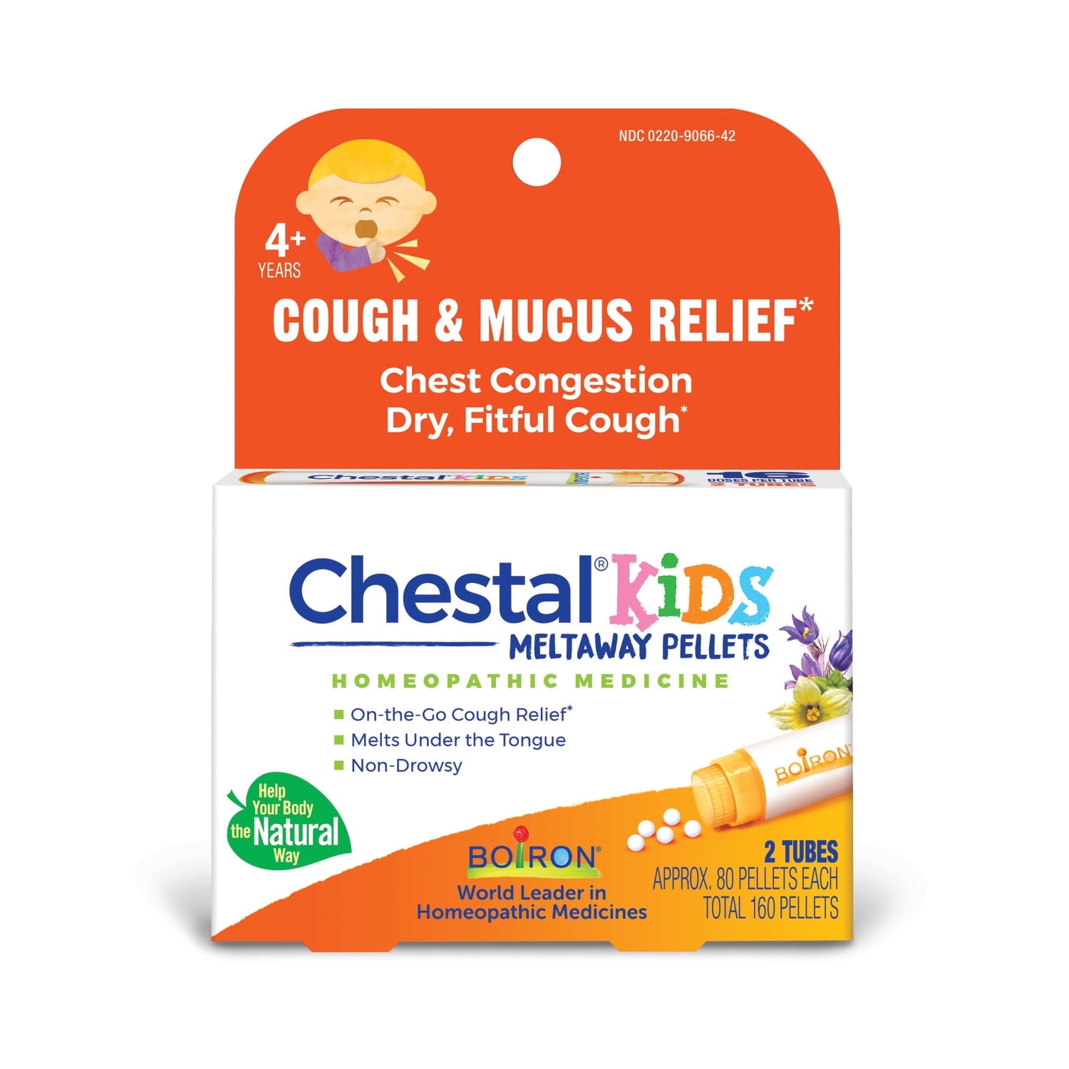 Boiron Chestal Kids Pellets, Homeopathic Medicine for Cough & Mucus Relief, Chest Congestion, Dry, Fitful Cough, 2 x 80 Meltaway Pellets