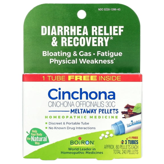 Boiron Cinchona Officinalis 30C Bonus Pack, Homeopathic Medicine for Diarrhea, Bloating, Gas, Fatigue, Physical Weakness, 240 Pellets