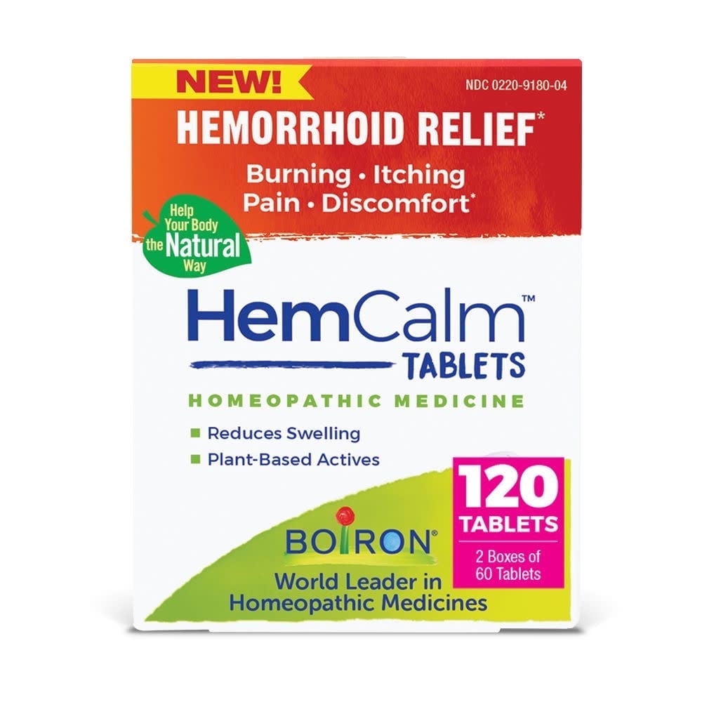 Boiron HemCalm, Homeopathic Medicine for Hemorrhoid Relief, Burning, Itching, Pain, Discomfort, 2 x 60 Tablets Twin Pack