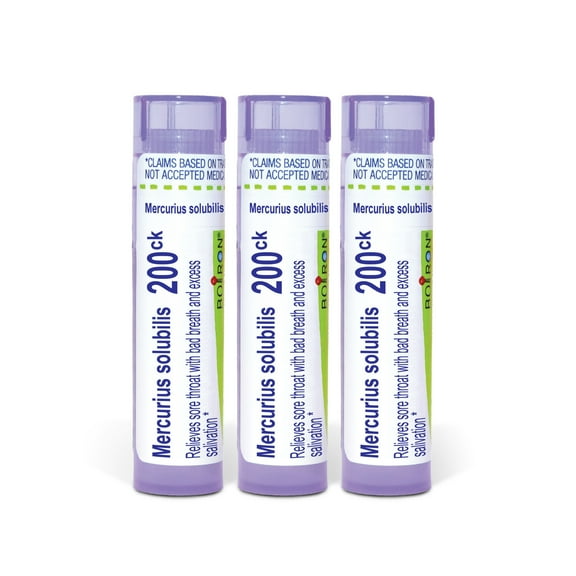Boiron Mercurius Solubilis 200CK, Homeopathic Medicine for Sore Throat With Bad Breath And Excess Salivation, 3 Count (3 x 80 Pellets)