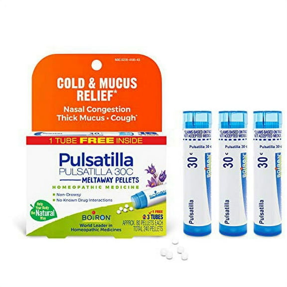 Boiron Pulsatilla 30C Homeopathic Medicine for Relief from Cold, Nasal Congestion, Thick Mucus, and Cough - 3 Count (240 Pellets)