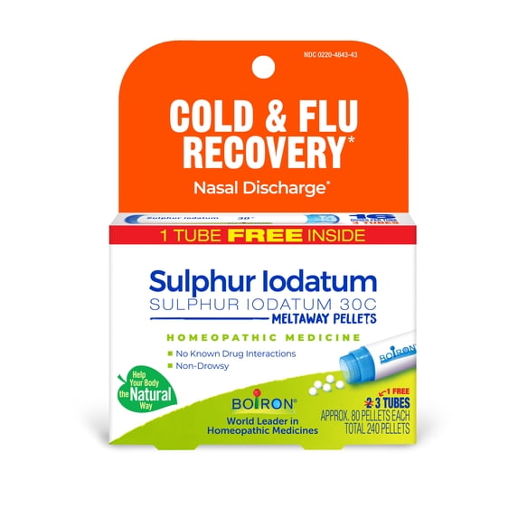 Boiron Sulphur Iodatum 30C Bonus Pack, Homeopathic Medicine for Cold & Flu Recovery, Nasal Discharge, 240 Pellets