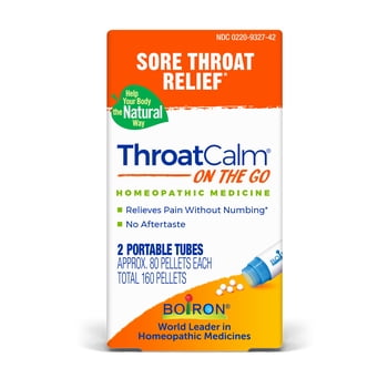 Boiron ThroatCalm On the Go, Homeopathic Medicine for Sore Throat Relief, Hoarseness, Red, Dry and Sore Throat, 2 x 80 Pellets, 160CT