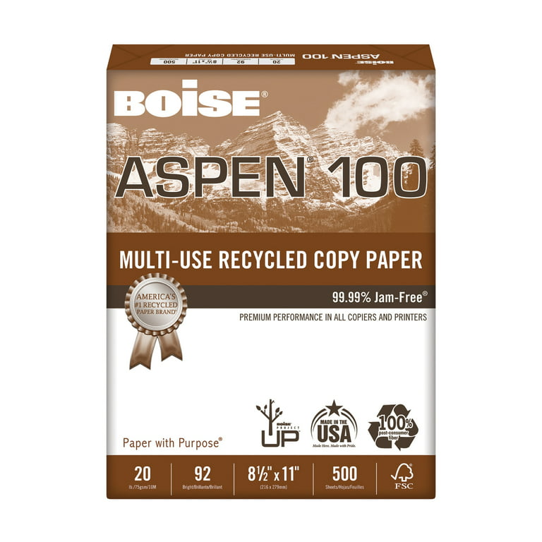 Boise® ASPEN® 100 Multi-Use Printer & Copier Paper, Letter Size (8 1/2 x  11), Ream Of 500 Sheets, 92 (U.S.) Brightness, 20 Lb, 100% Recycled, FSC®  Certified, White 