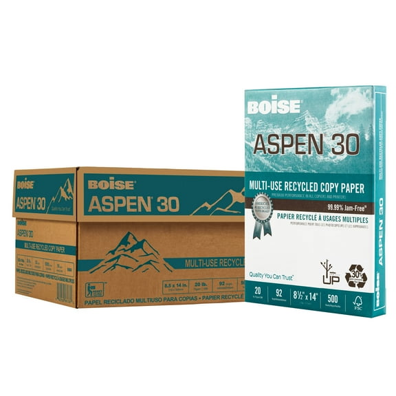 Boise ASPEN 30 Multi-Use Printer & Copy Paper, 10 Reams, White, Legal (8.5" x 14"), 5000 Sheets Per Case, 20 Lb, 92 Br