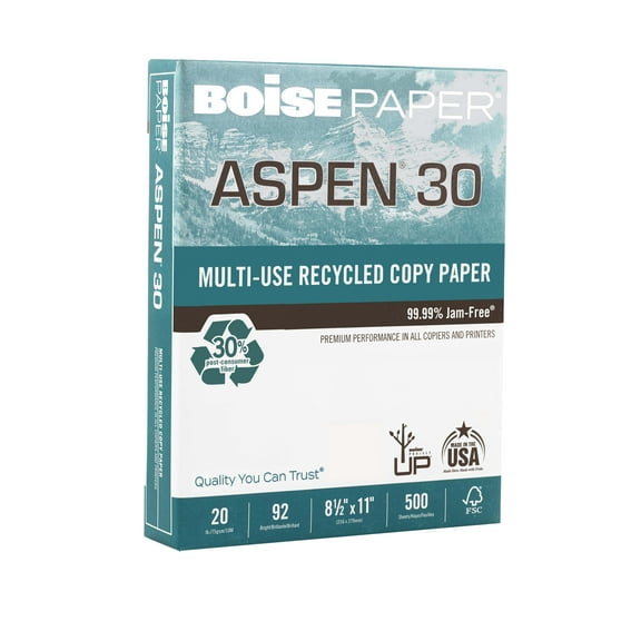 BOISE ASPEN 30% Recycled Multi-Use Copy Paper, 8.5" x 11" Letter, 92 Bright White, 20 lb., 1 Ream (500 Sheets)