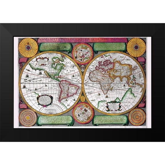 Boisseau, Jean 14x11 Black Modern Framed Museum Art Print Titled - Stereographic World Map of the Eastern and Western Hemispheres