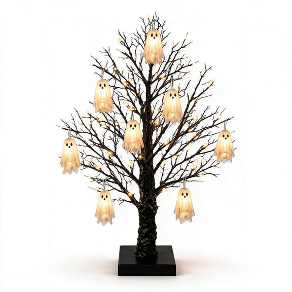 Bok Glowing Ghost Tree Halloween Tabletop Decor, LED Lighted Halloween Tree with Hanging Ghost Ornaments, Spooky Table Centerpiece for Indoor Halloween Decorations