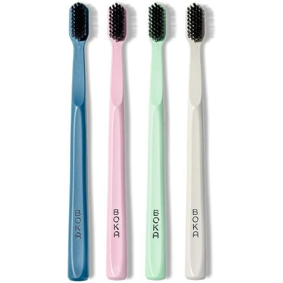 Boka Classic Manual Toothbrush with Extra Soft Activated-Charcoal, Tapered Bristles, Bioplastic Handle That Includes Travel Cap, Dentist-Approved, Great for Adults and Kids, Multi Color (Pack of 4)