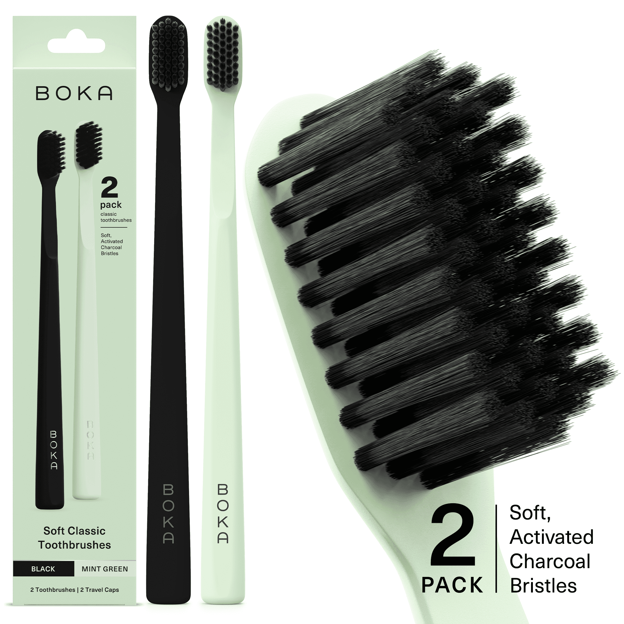Boka Activated Charcoal Soft Bristle Toothbrushes, Mint Green and Black, 2 Pack