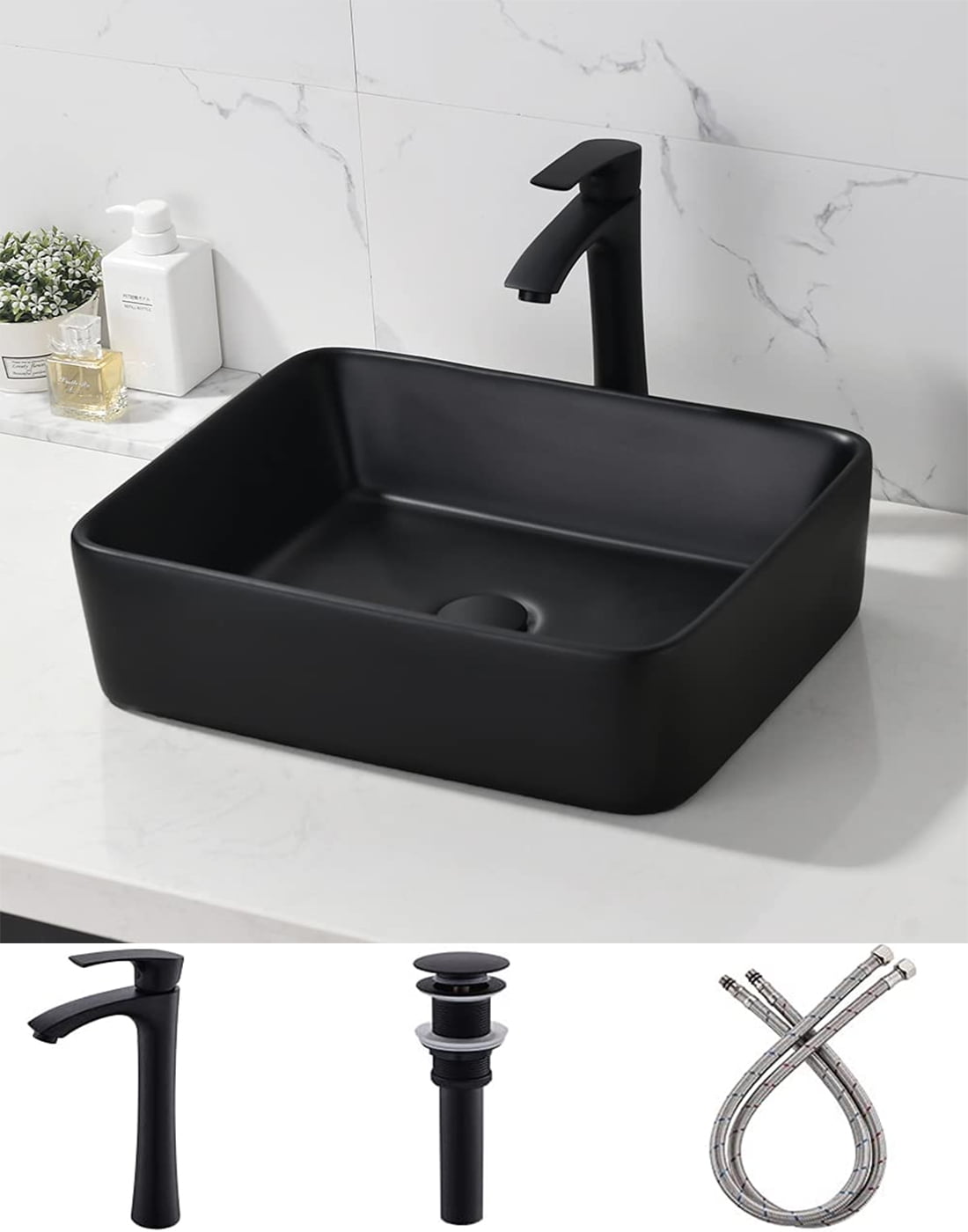Bokaiya 16x12 Black Vessel Bathroom Sink with Faucet Combo Rectangular