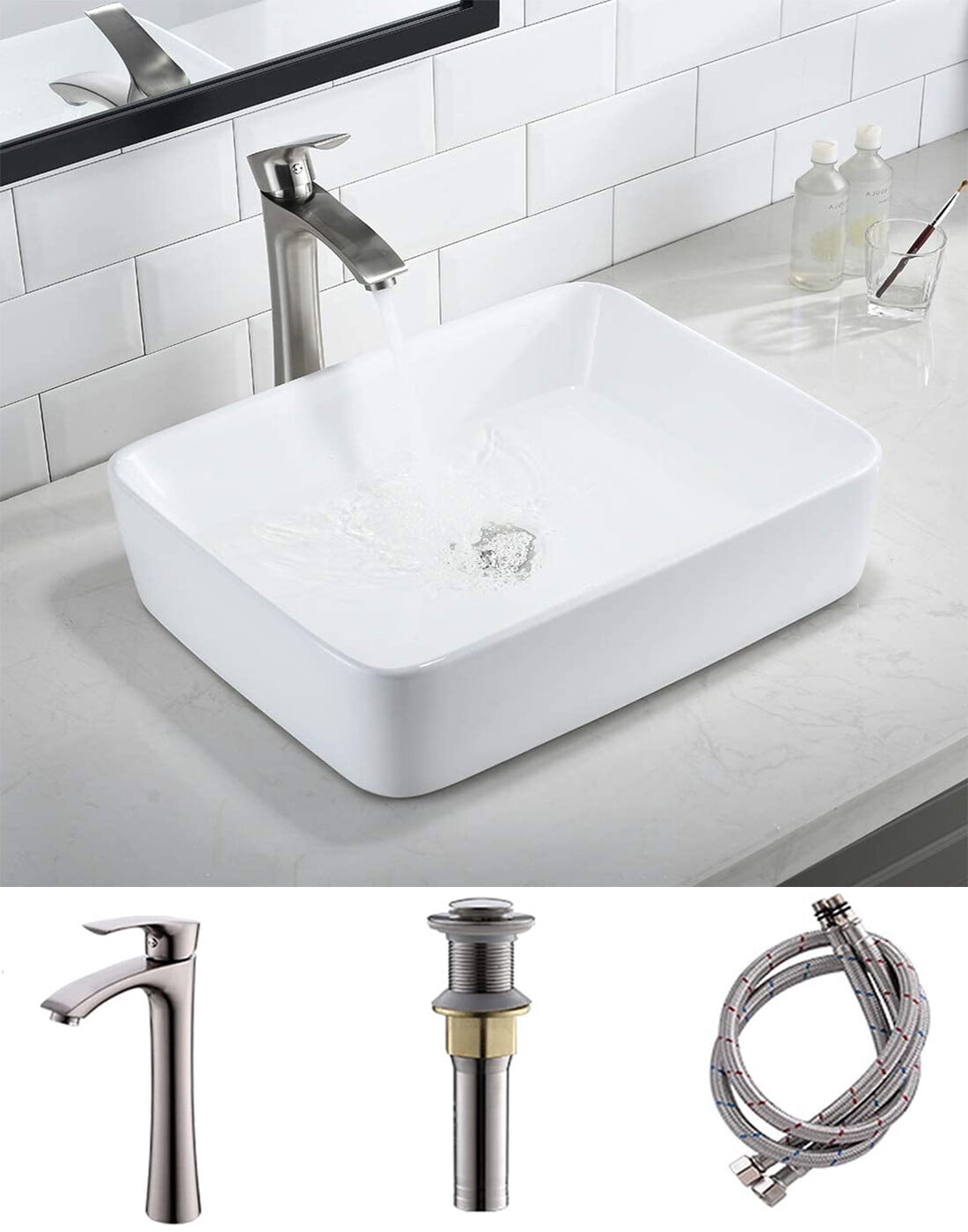 Bokaiya 16x12 White Vessel Sink and Faucet Combo Above Counter Top