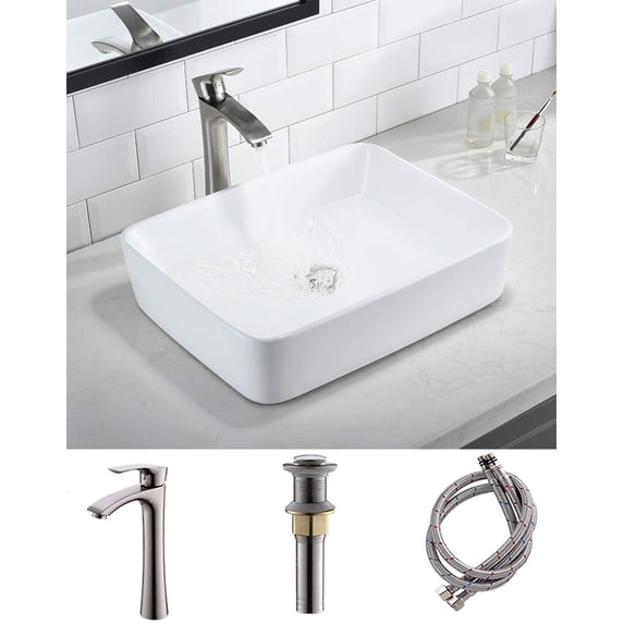 Bokaiya 16x12 White Vessel Sink and Faucet Combo Above Counter Top Ceramic Rectangular Small Bathroom Vanity Sinks Set