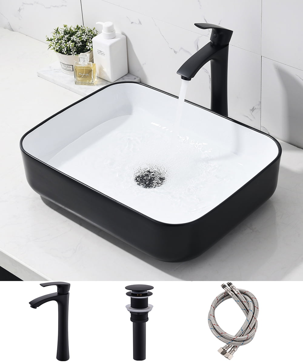 Bokaiya 16x20 Vessel Sink and Faucet Combo Rectangle Ceramic Above