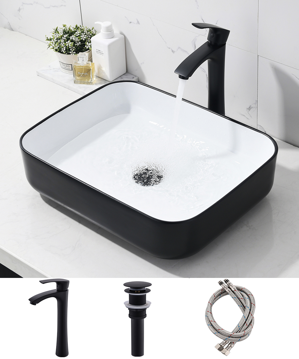 ELECWISH Rectangular Ceramic Vessel Sink and Faucet Combo above Counter