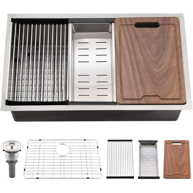 Bokaiya 33x19 Undermount Kitchen Sink Workstation 10" Deep Single Bowl