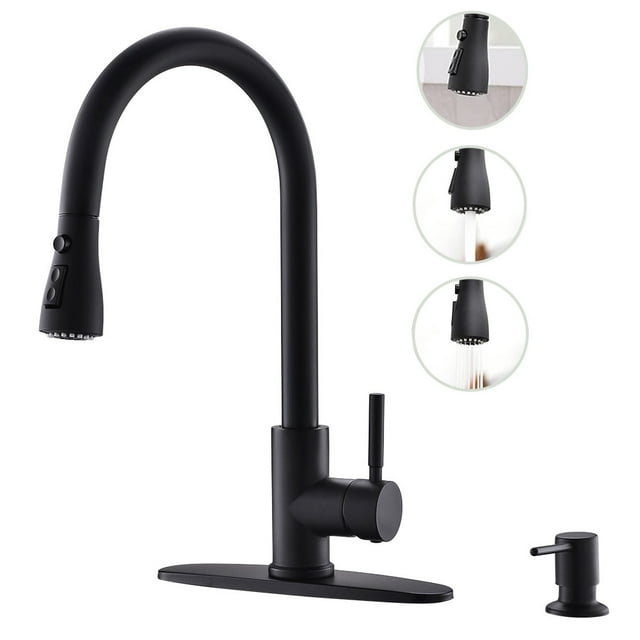 Bokaiya Black Kitchen Faucet with Soap Dispenser and Pull Down Sprayer High Arch Single Handle