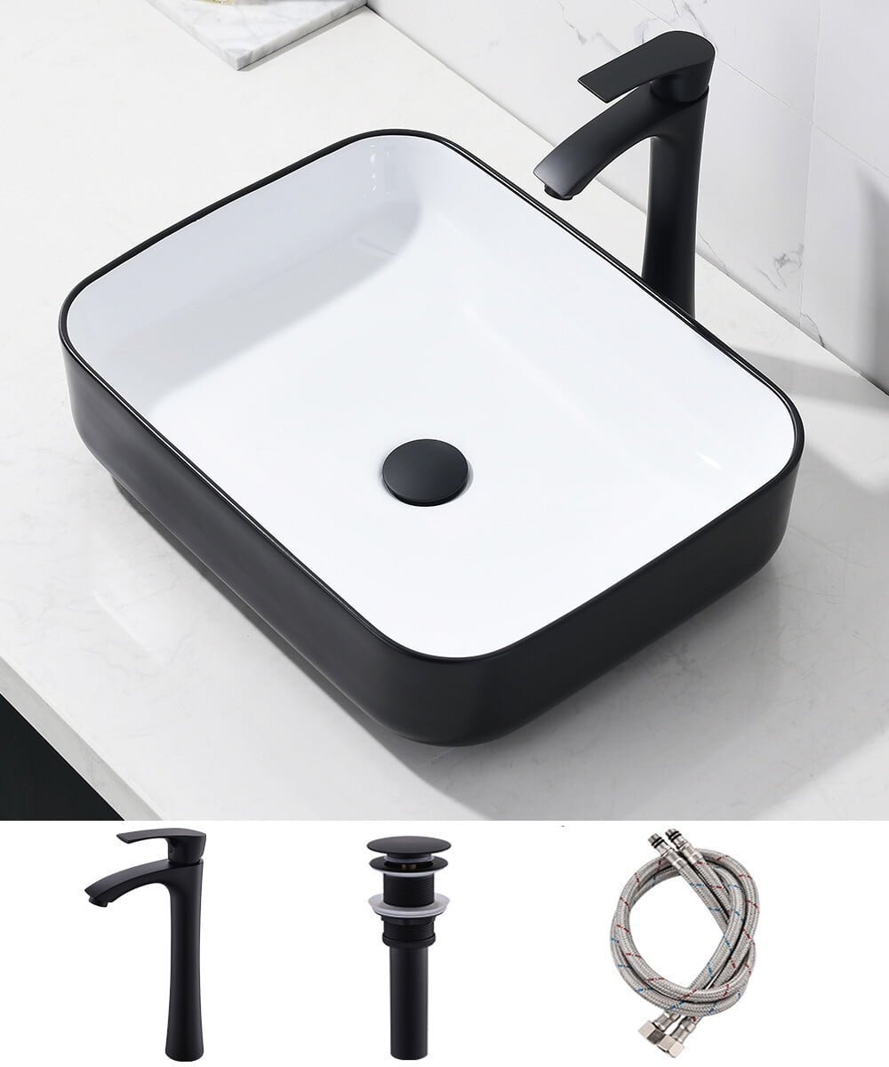Bokaiya Black & White Ceramic Vessel Bathroom Sink with Faucet Pop-up ...