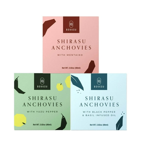 Bokksu Tinned Shirasu Anchovies Variety Pack (3-Pack) - Explore All Flavors - Black Pepper & Basil-Infused Oil, Yuzu Pepper, and Mentaiko Cod Roe Canned Anchovies